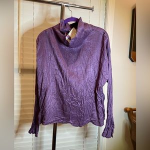 Japanalia Crinkled Stand Collar Silk Blouse- Mock T Neck Silk Top - fits like L